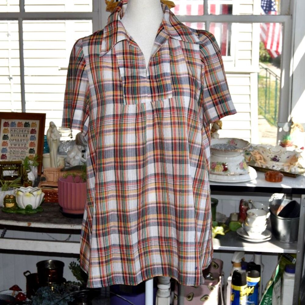 Vintage 1970s Plaid Cotton Blouse Empire Yoke Top Prairie Folk Shirt Medium